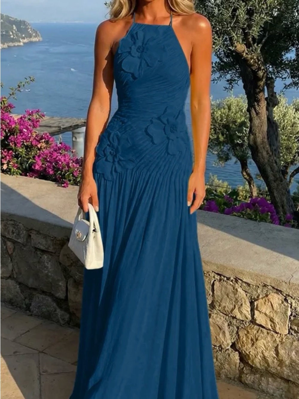 Elegant Navy Blue Halter Maxi Dress with Floral Detail